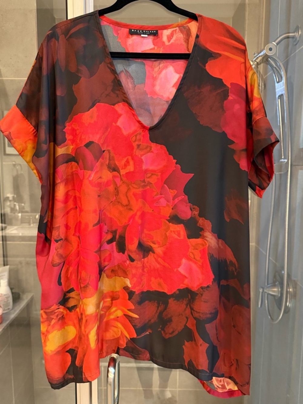 bryn Walker Vibrant Red Orange Floral V-Neck Tunic
